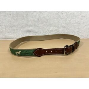 Class Club Green Dog Twill Belt Leather Trim Brass Buckle Size 32 Preppy